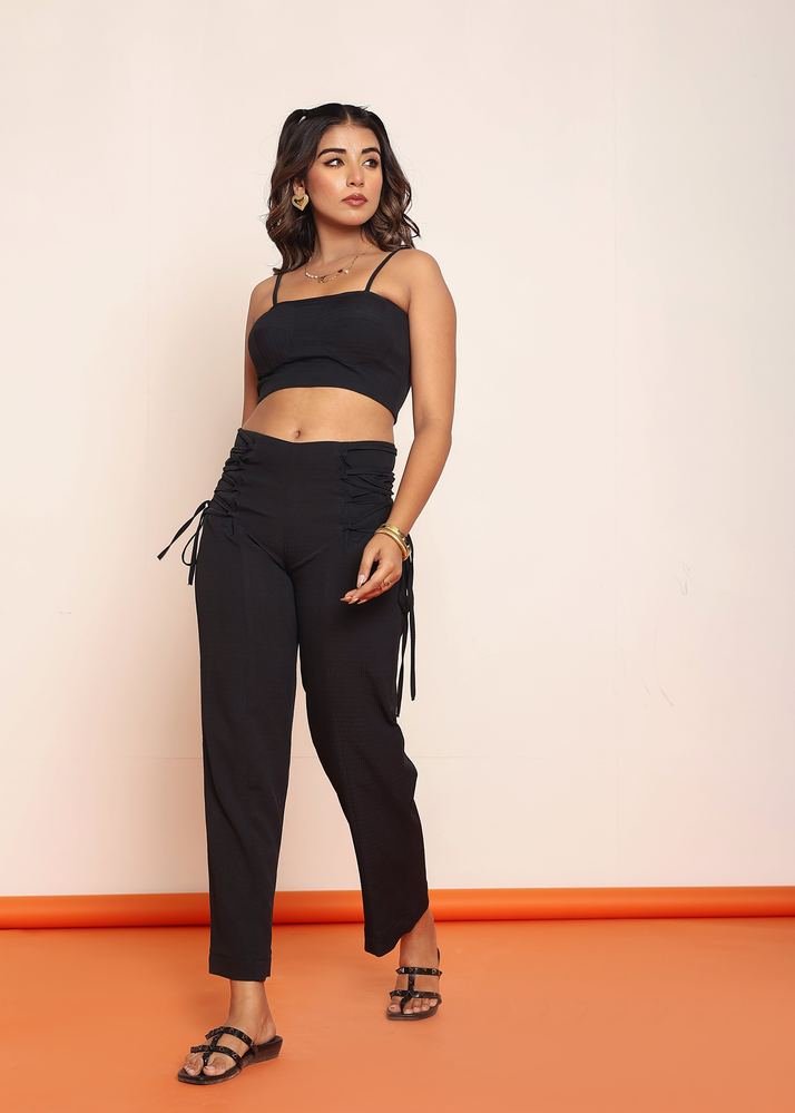 Black corset top with draw-string straight pant