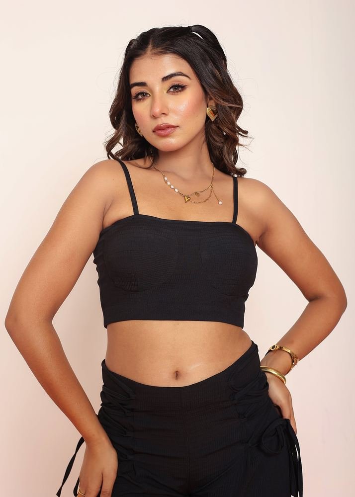 Black corset top with draw-string straight pant photo 2