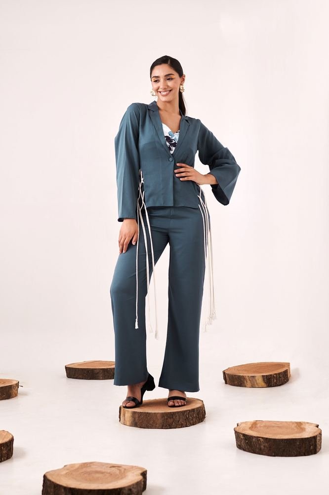 Blue laced cords shrug pant set photo 4