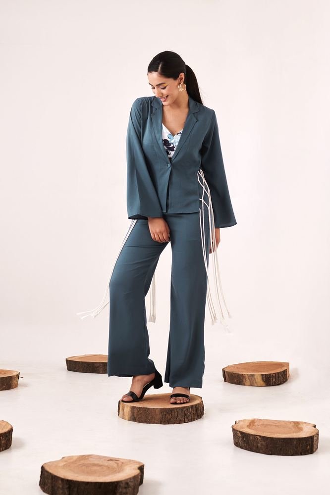 Blue laced cords shrug pant set photo 3