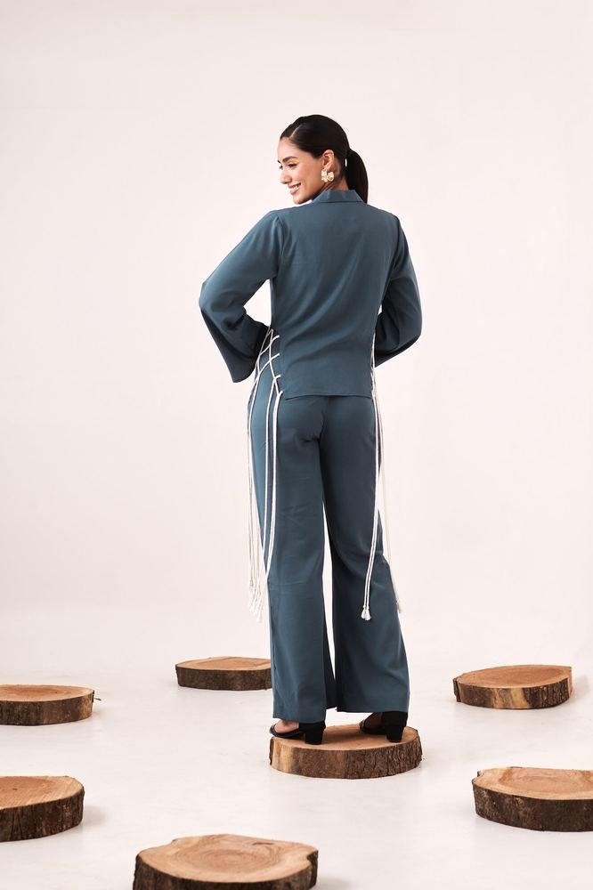 Blue laced cords shrug pant set photo 2