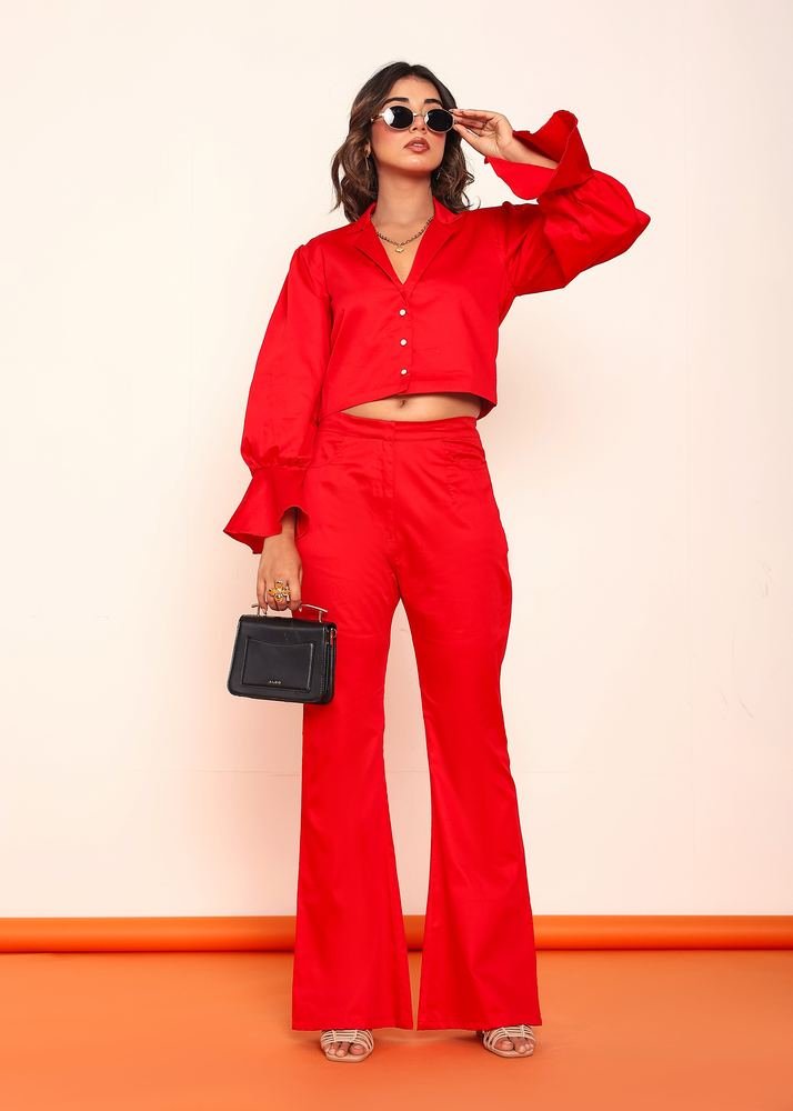Hot red blazer shirt and bootcut pant set photo 2
