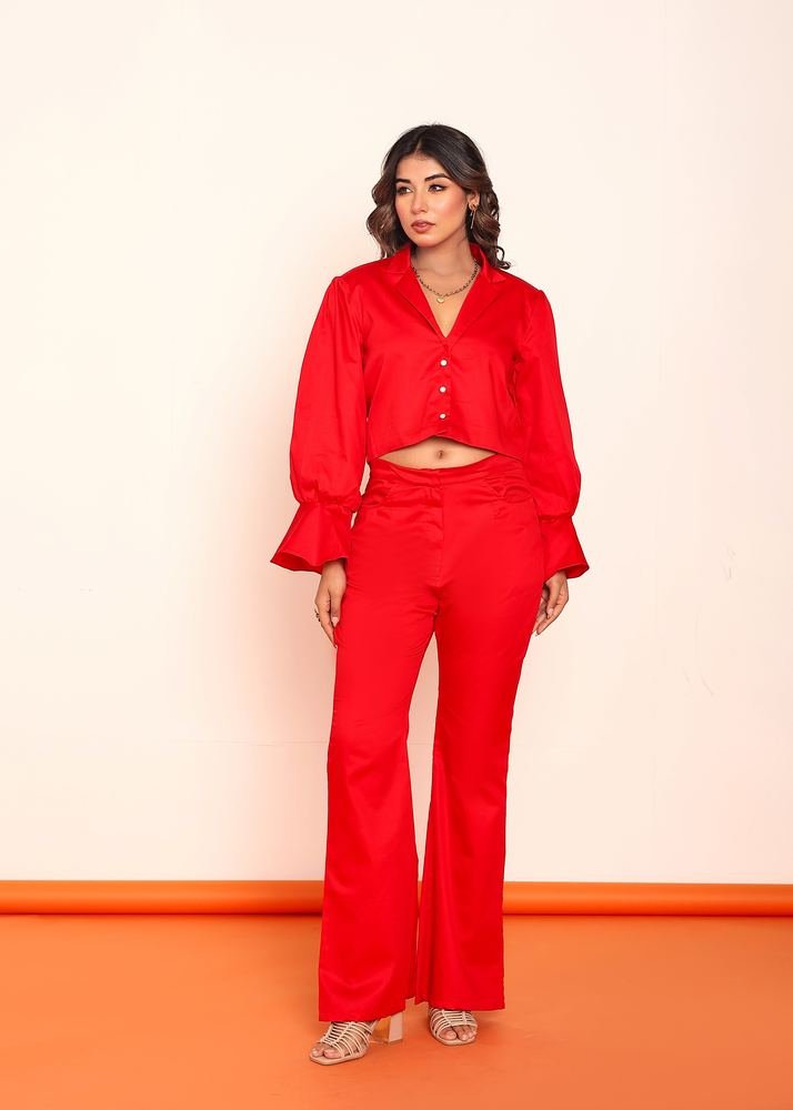 Hot red blazer shirt and bootcut pant set photo 5