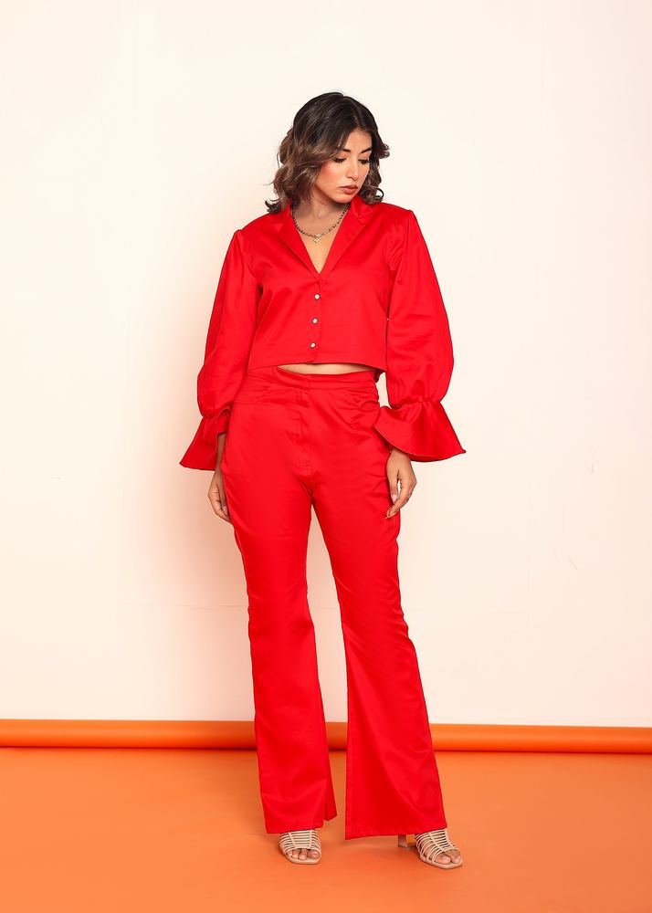 Hot red blazer shirt and bootcut pant set photo 4
