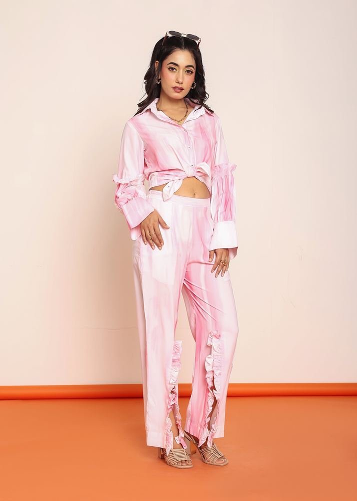 Pink printed co- ord set with detailed ruffles photo 4