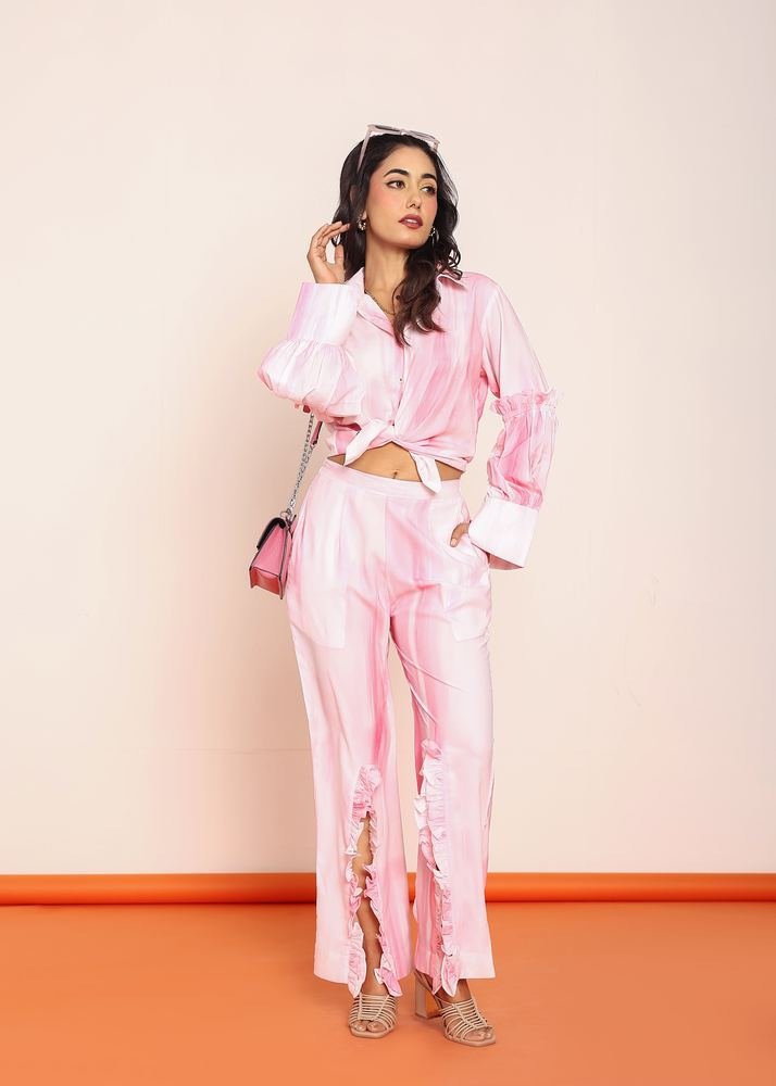 Pink printed co- ord set with detailed ruffles photo 3
