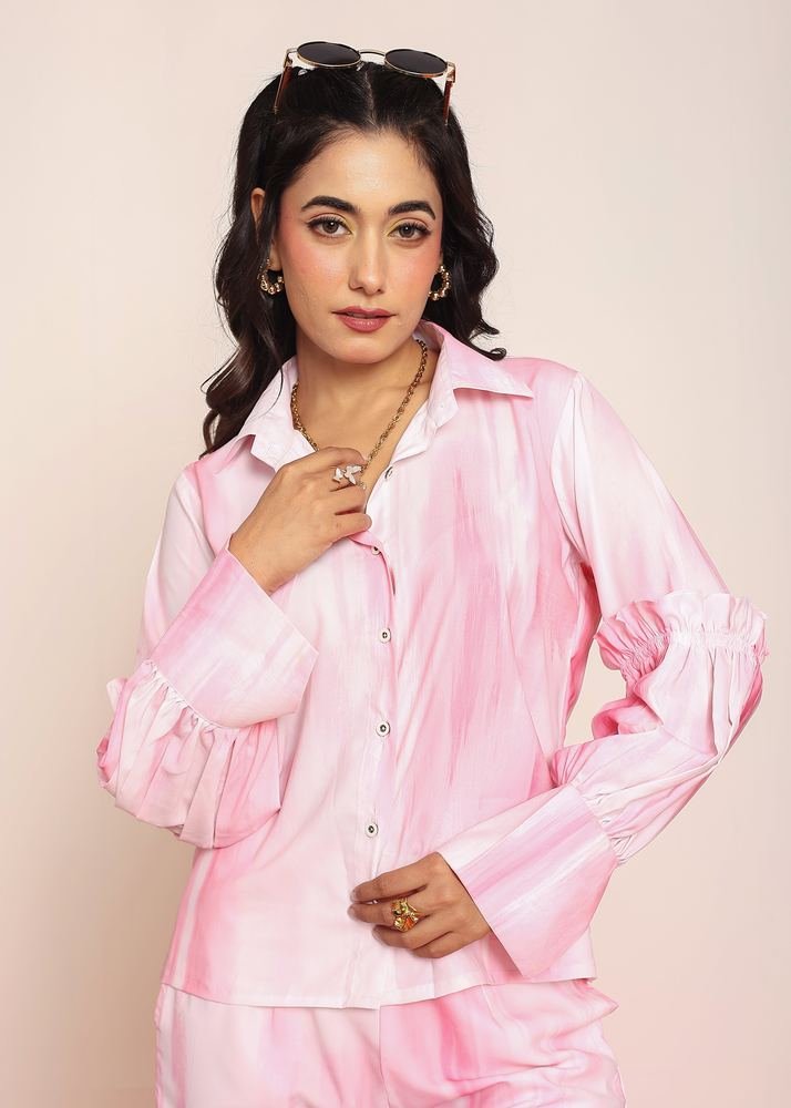 Pink printed co- ord set with detailed ruffles