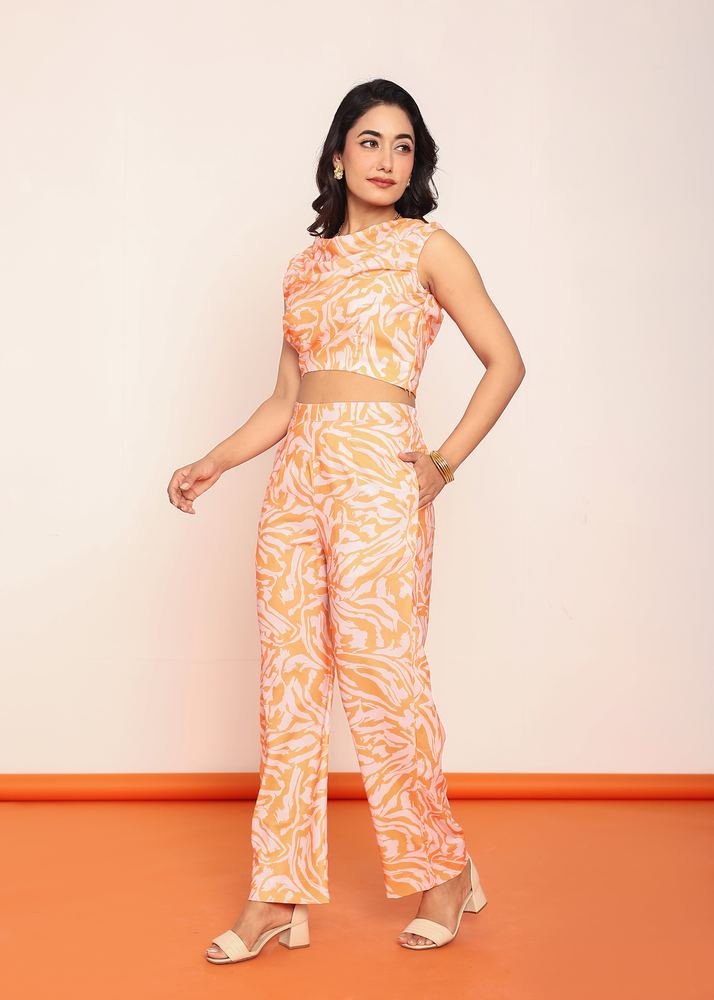 Printed cowl top & straight pant set