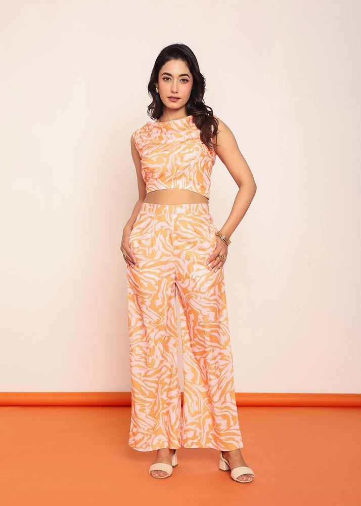 Printed cowl top & straight pant set photo 2