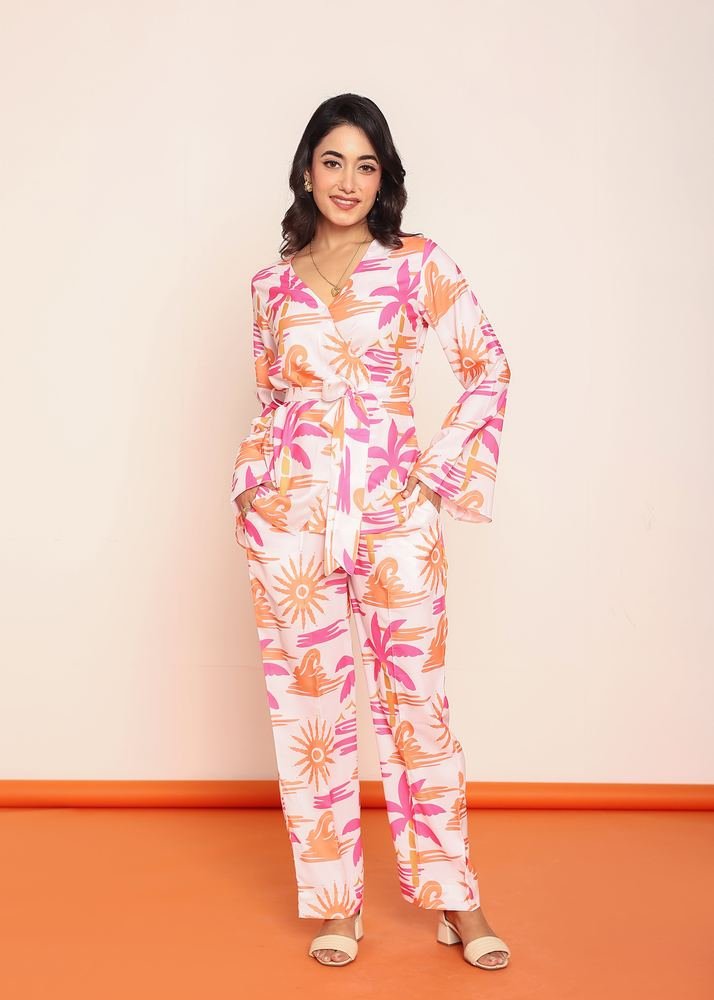 Printed wrap around top & straight pant set photo 2