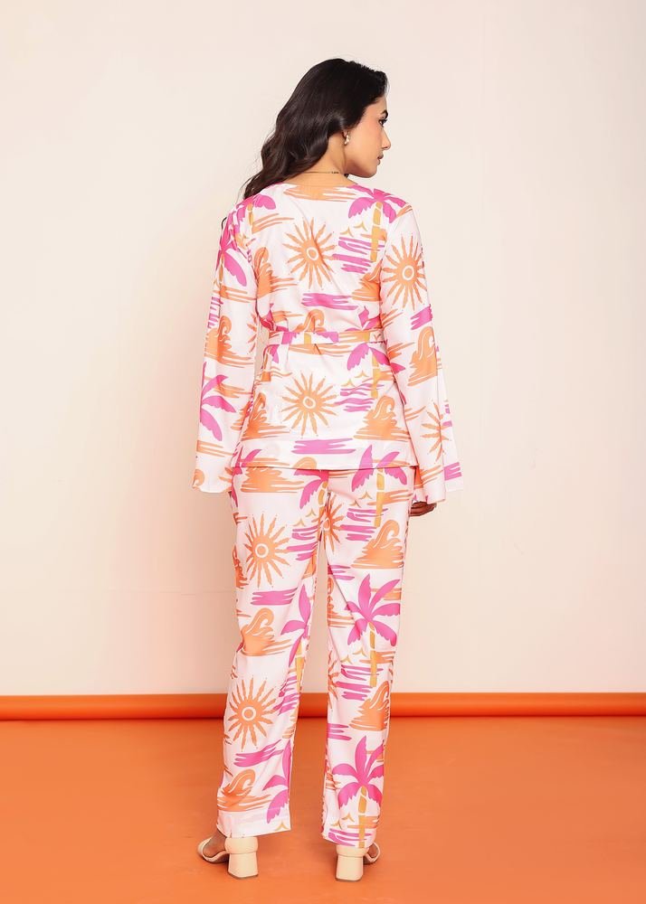 Printed wrap around top & straight pant set photo 4