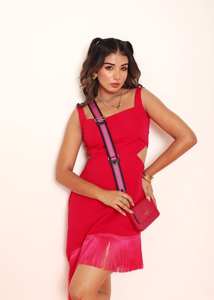 Hot pink side cut -outs fringes dress photo 4