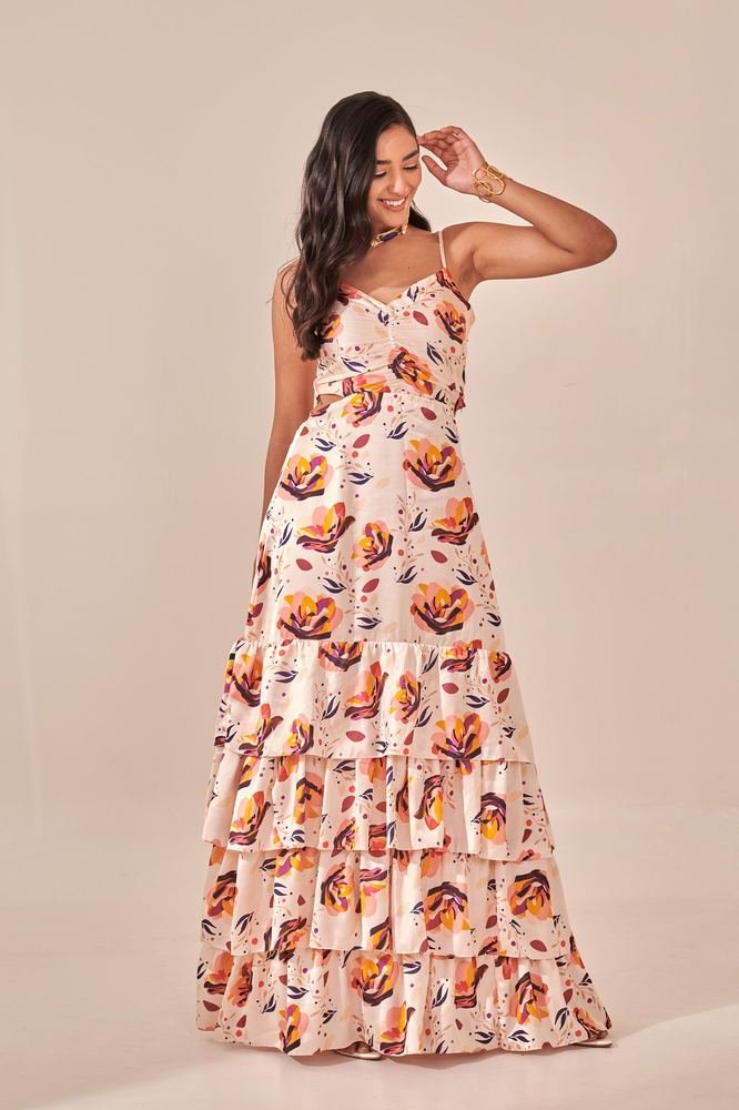 Ivory Floral Print Tiered Maxi Dress photo 2