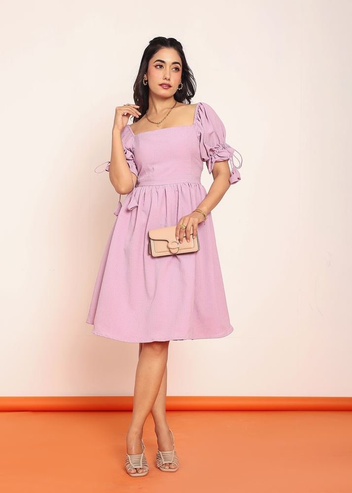 Lavender mini dress with puff sleeves photo 5
