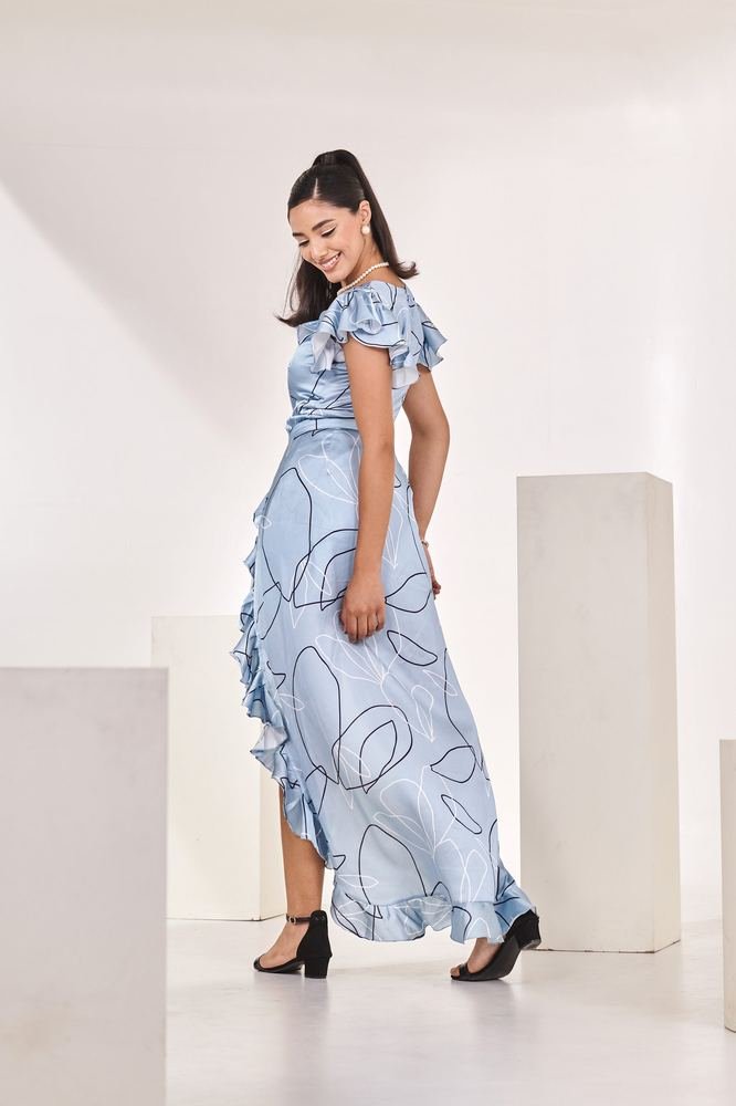 Pleated neck Printed Romper with Detachable Frilled Trail photo 3