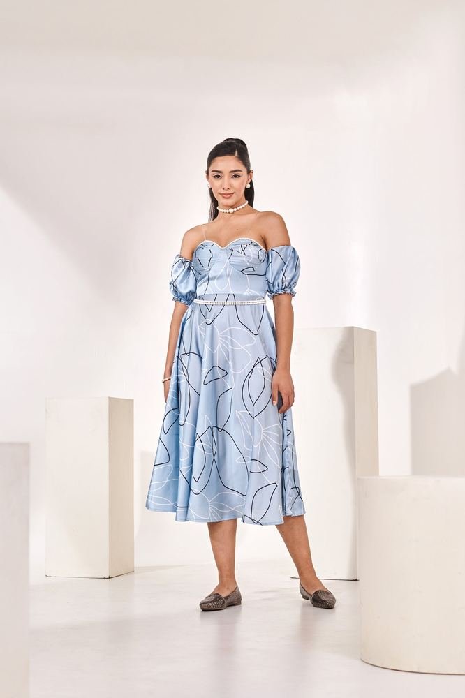 Printed blue detachable sleeves midi dress photo 4