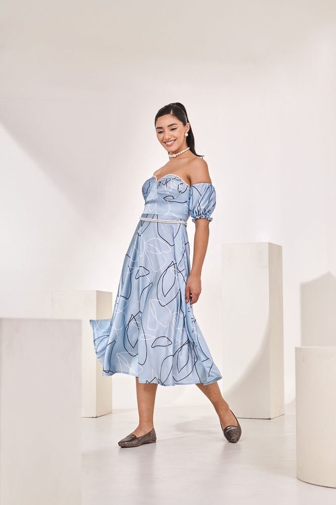 Printed blue detachable sleeves midi dress photo 2