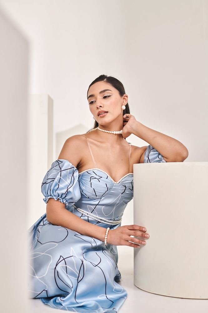 Printed blue detachable sleeves midi dress