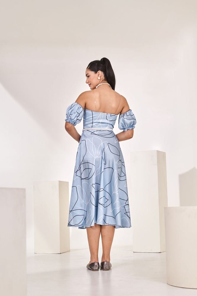 Printed blue detachable sleeves midi dress photo 3