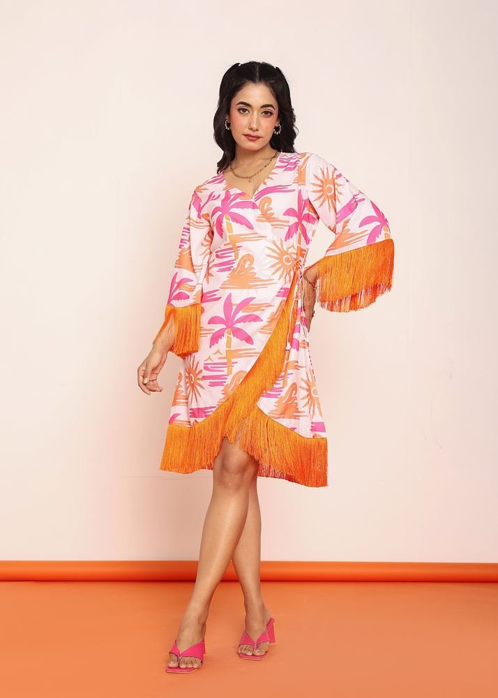 Printed knee length wrap- around dress with lace