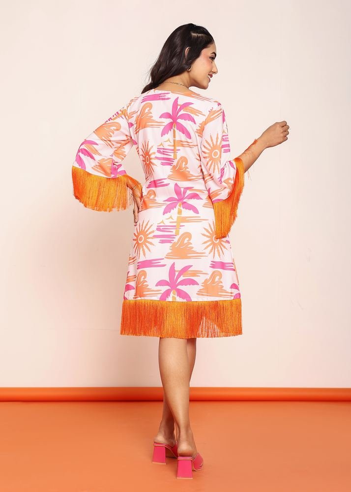 Printed knee length wrap- around dress with lace photo 5