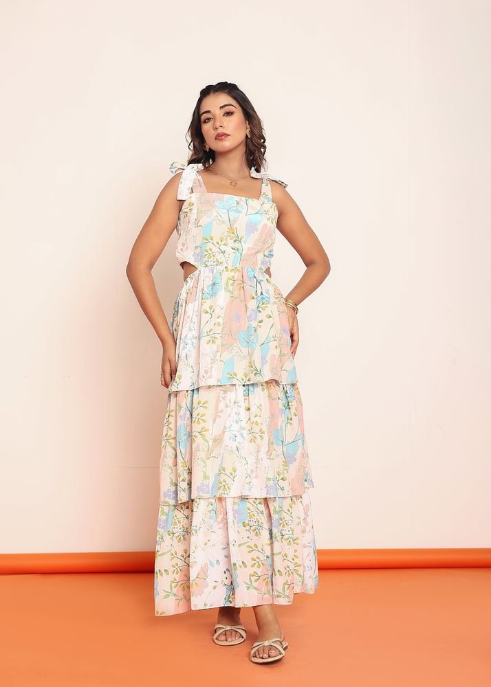 Printed maxi tiered dress with side waistcutouts photo 4