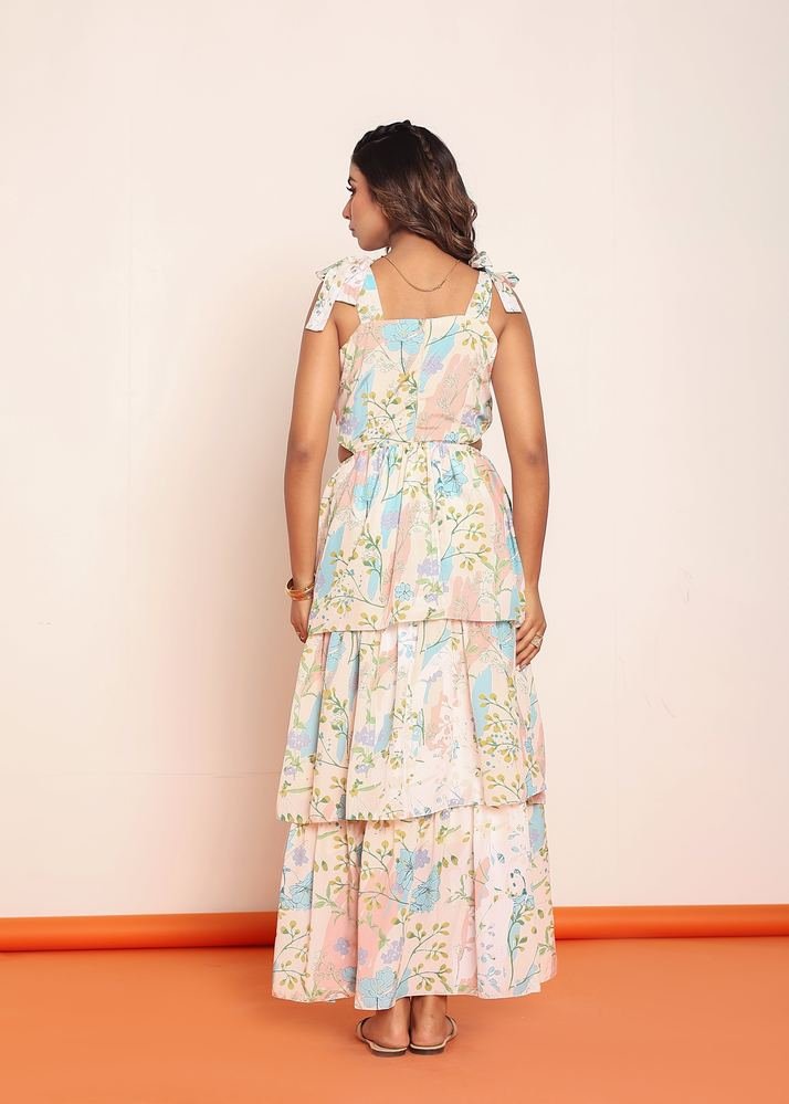 Printed maxi tiered dress with side waistcutouts