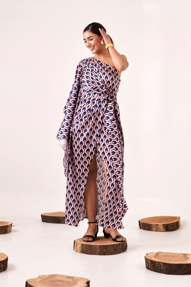 Printed One-Shoulder Asymmetric Cut-Out Dress photo 4