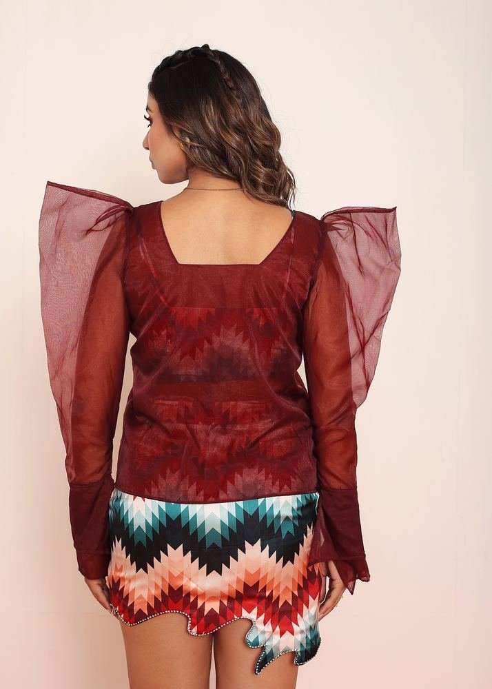 Red Organza Gigot Top with Printed Top & Skirt photo 2
