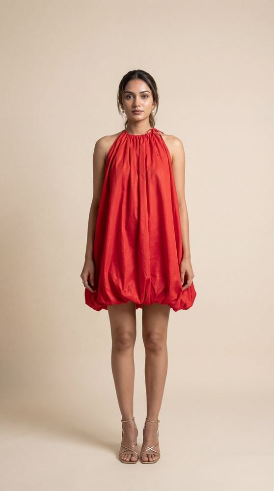 Solid balloon Style Hot Red mini dress
