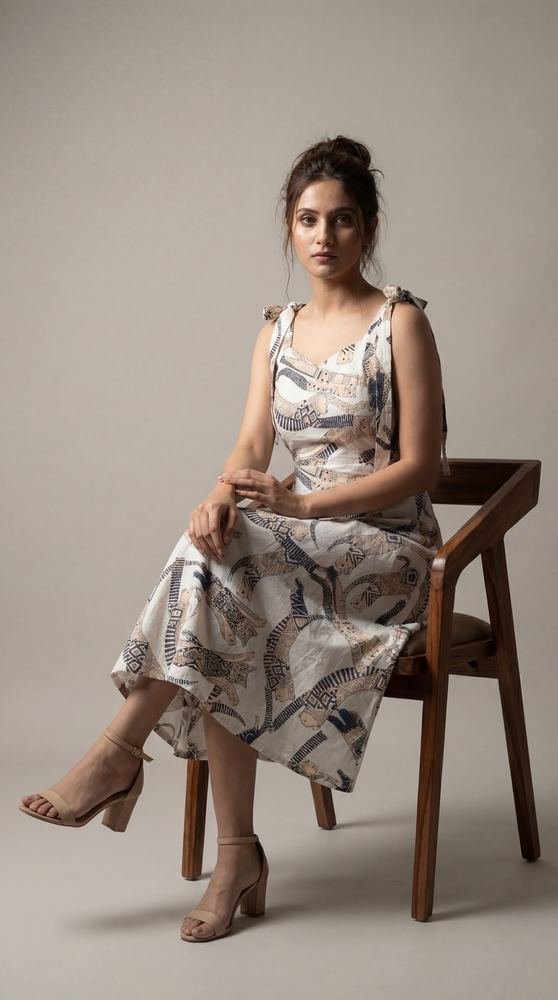 White Cat Printed Midi Dress