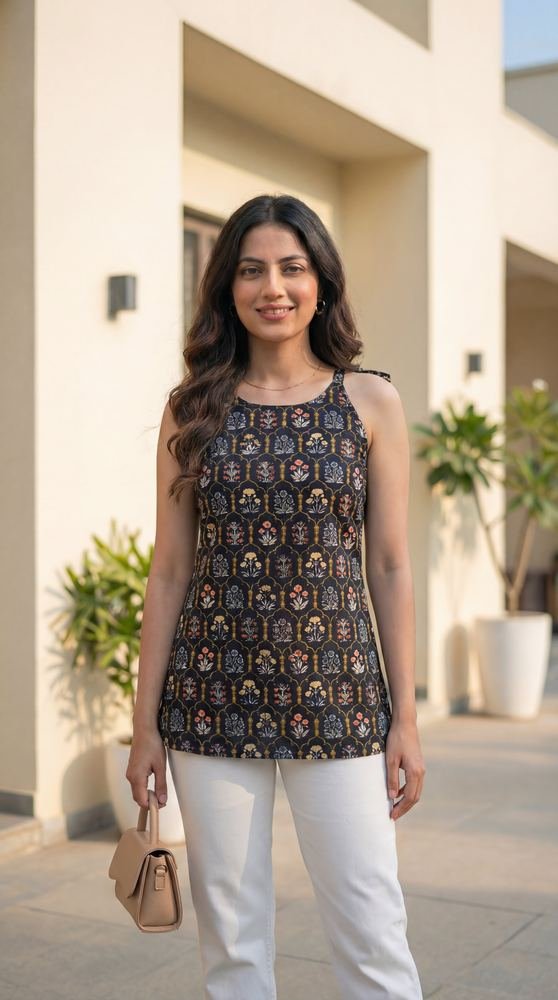 Women Black Cotton Short Kurti with Round Halter Neck photo 5