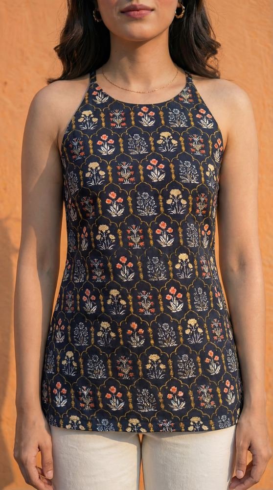 Women Black Cotton Short Kurti with Round Halter Neck photo 2