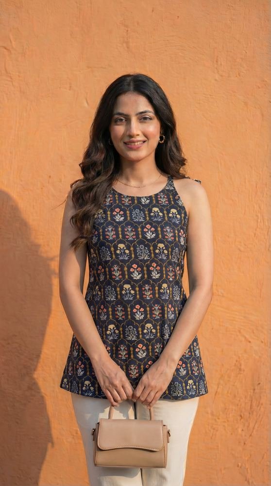 Women Black Cotton Short Kurti with Round Halter Neck photo 3