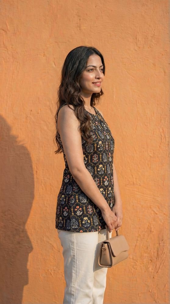 Women Black Cotton Short Kurti with Round Halter Neck photo 4