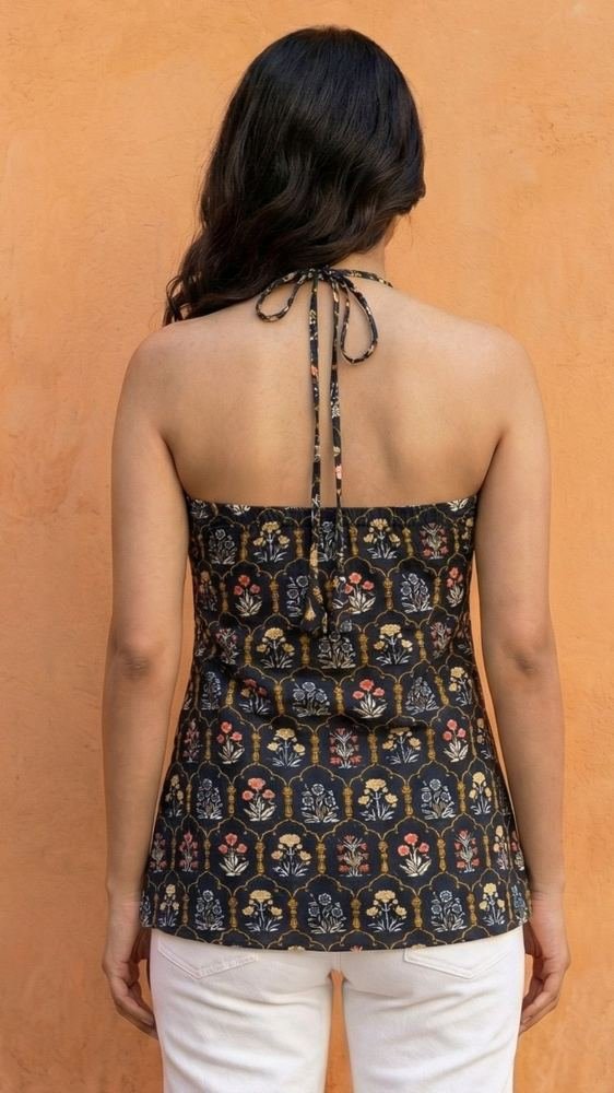 Women Black Floral Printed Cotton Halter Neck Short Kurti photo 2