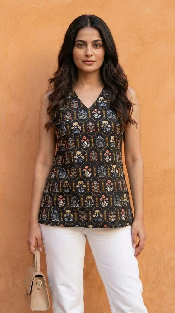 Women Black Floral Printed Cotton Halter Neck Short Kurti photo 4