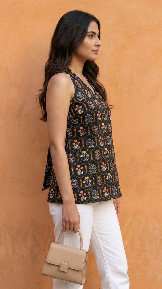 Women Black Floral Printed Cotton Halter Neck Short Kurti photo 3