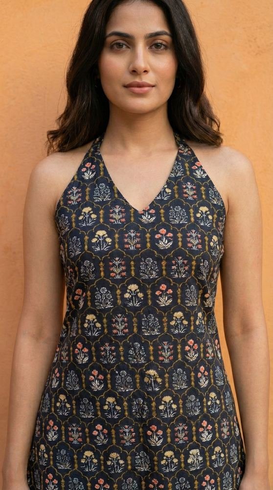Women Black Floral Printed Cotton Halter Neck Short Kurti