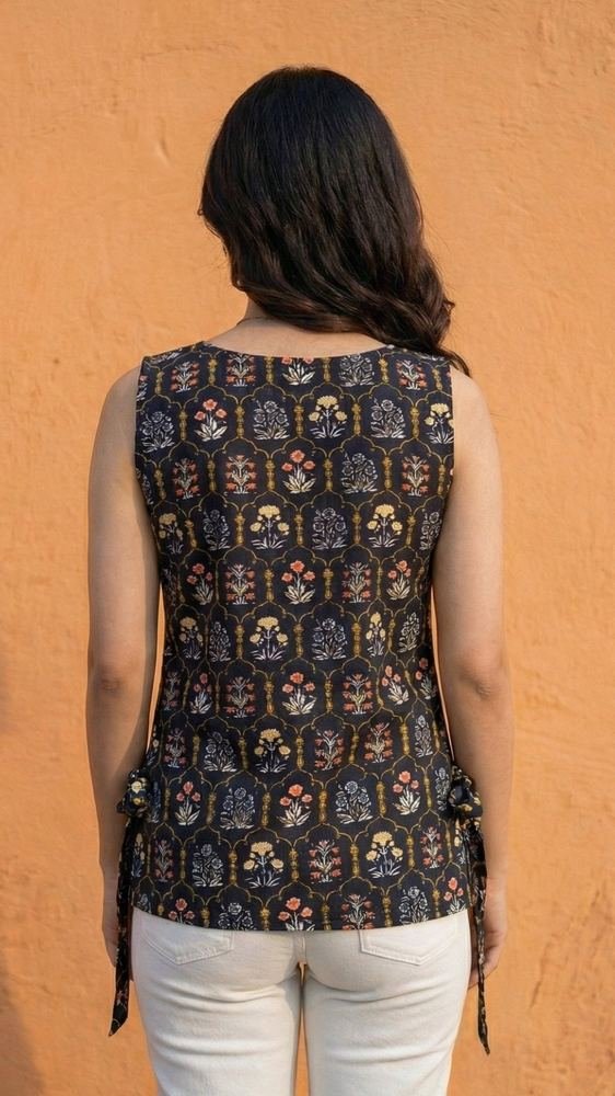 Women Black Floral Printed Cotton Kurti with Side Tie-Up Belts