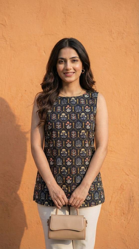 Women Black Floral Printed Cotton Kurti with Side Tie-Up Belts photo 2
