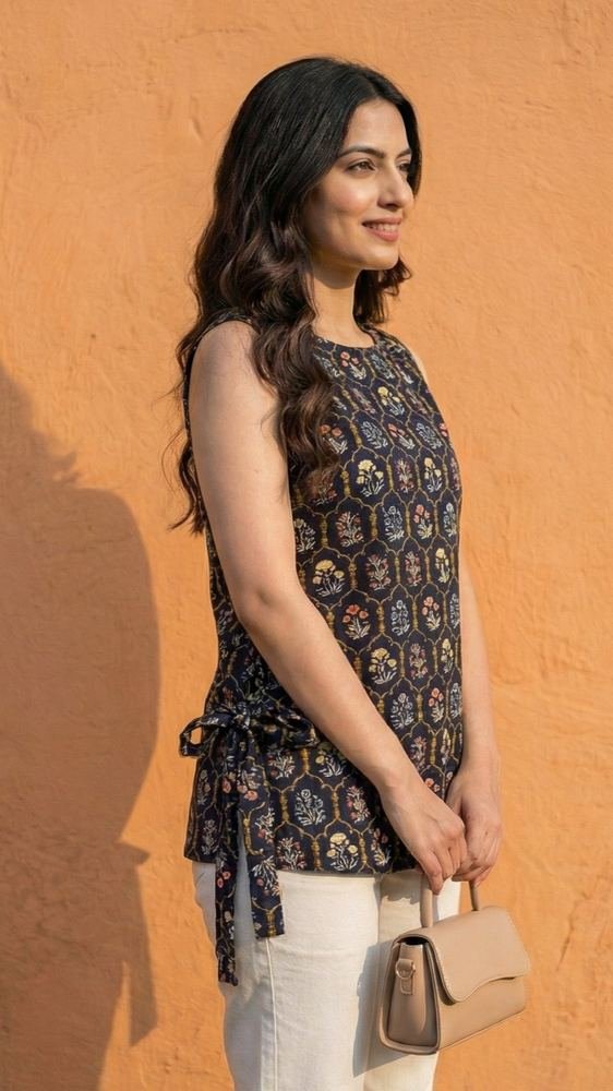 Women Black Floral Printed Cotton Kurti with Side Tie-Up Belts photo 3