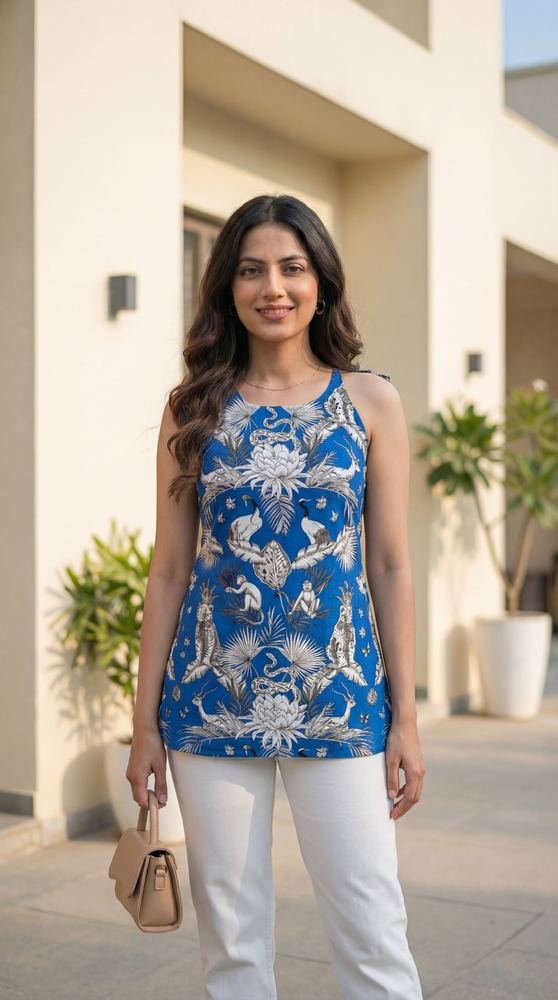 Women Blue Forest Printed Cotton Round Halter Neck Kurti photo 5