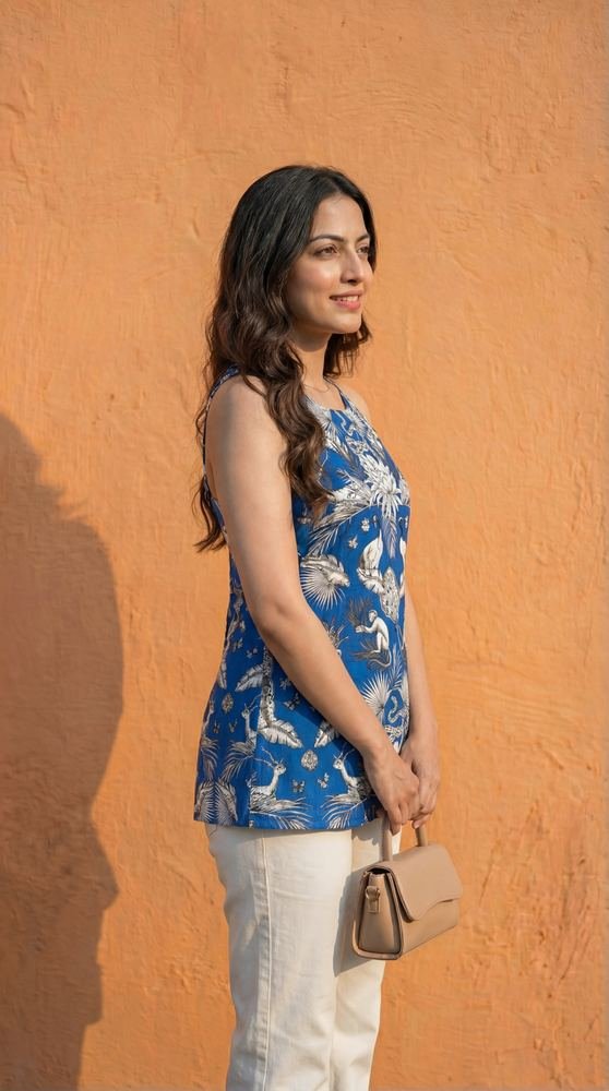 Women Blue Forest Printed Cotton Round Halter Neck Kurti photo 3