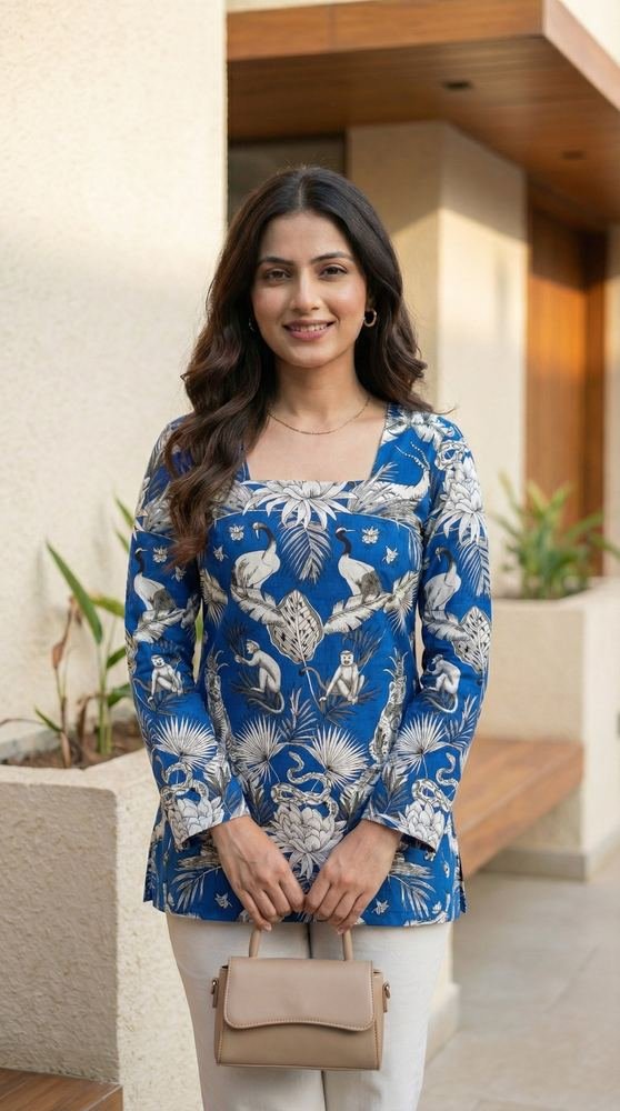 Women Blue Forest Printed Full Sleeve Cotton Short Kurti with Lace-Up Back photo 5