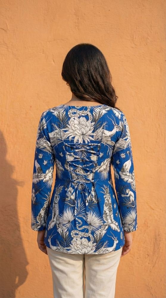 Women Blue Forest Printed Full Sleeve Cotton Short Kurti with Lace-Up Back