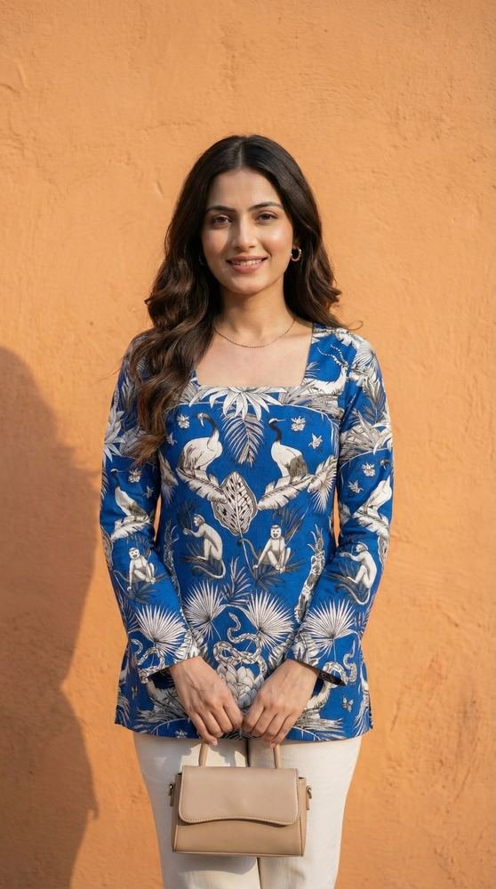 Women Blue Forest Printed Full Sleeve Cotton Short Kurti with Lace-Up Back photo 2