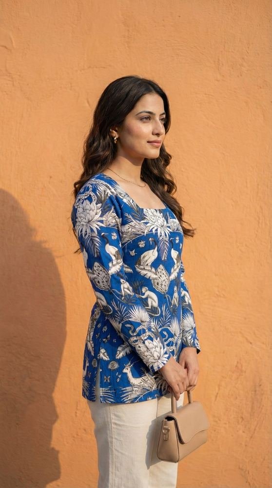 Women Blue Forest Printed Full Sleeve Cotton Short Kurti with Lace-Up Back photo 4