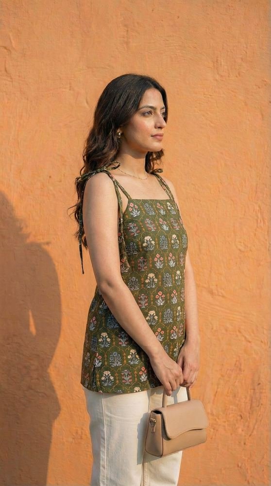 Women Deep Green Floral Printed Cotton Kurti with Shoulder Tie-Up photo 3