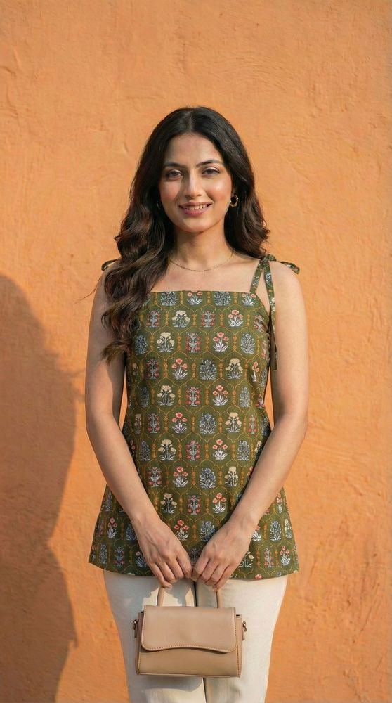 Women Deep Green Floral Printed Cotton Kurti with Shoulder Tie-Up photo 4